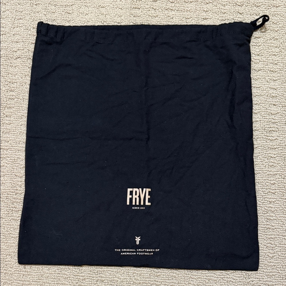 Frye Black Drawstring Dust Bag with White Logo.  17” X 16”